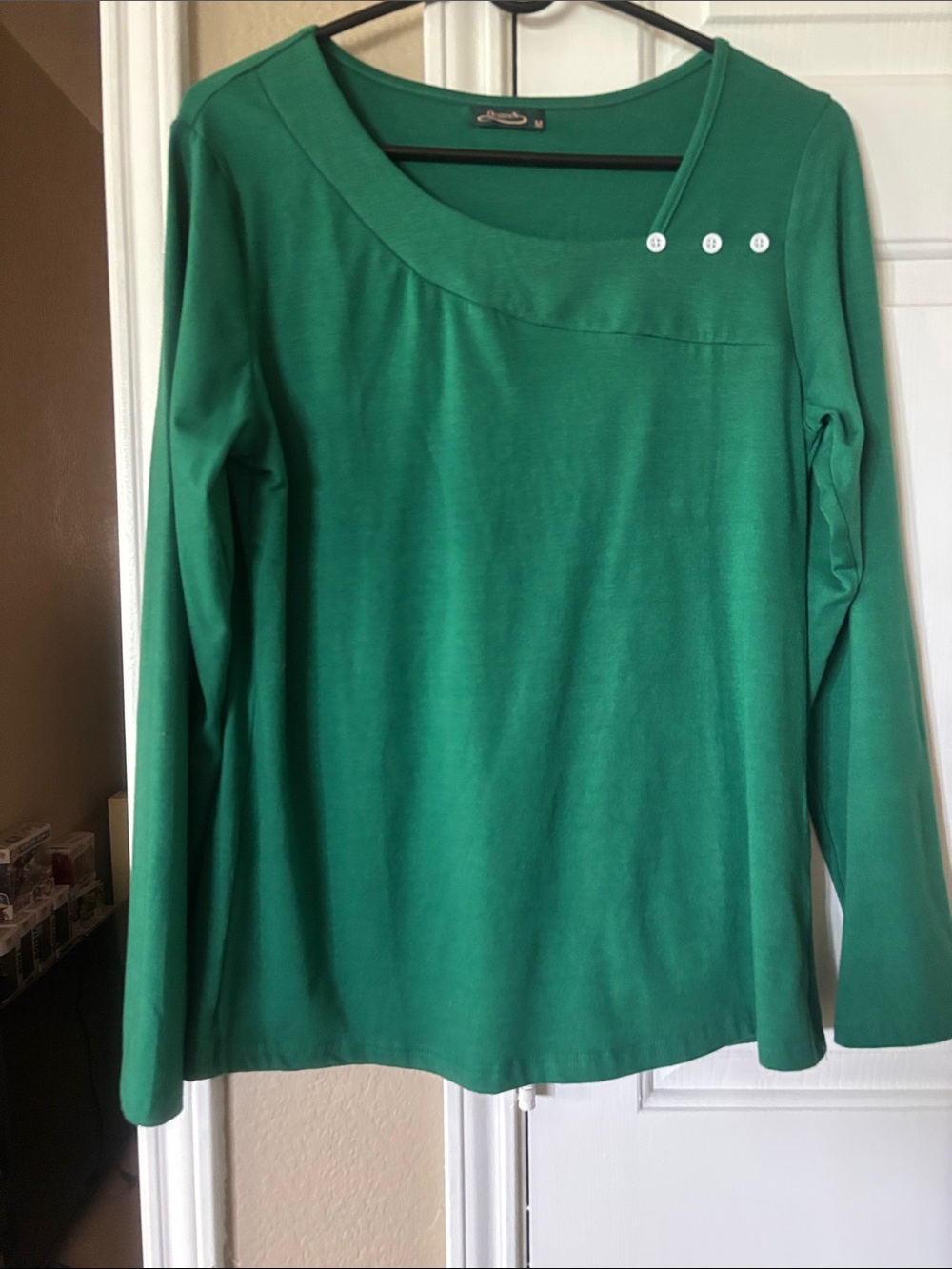 Women’s Green Long-Sleeve Scoop Neck Top with Button Detail